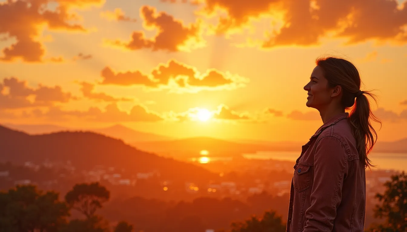 Person blickt hoffnungsvoll auf Sonnenaufgang, symbolisiert Neuanfang, warme Farben